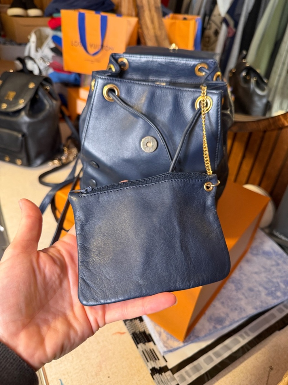 Celine Navy Blue Leather Drawstring Backpack - Picture 7 of 9